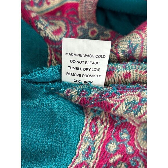 Time For Me Women Sz XL Turquoise Brocade Kimono Boho Print Cardigan Fringe T4 - Picture 12 of 12